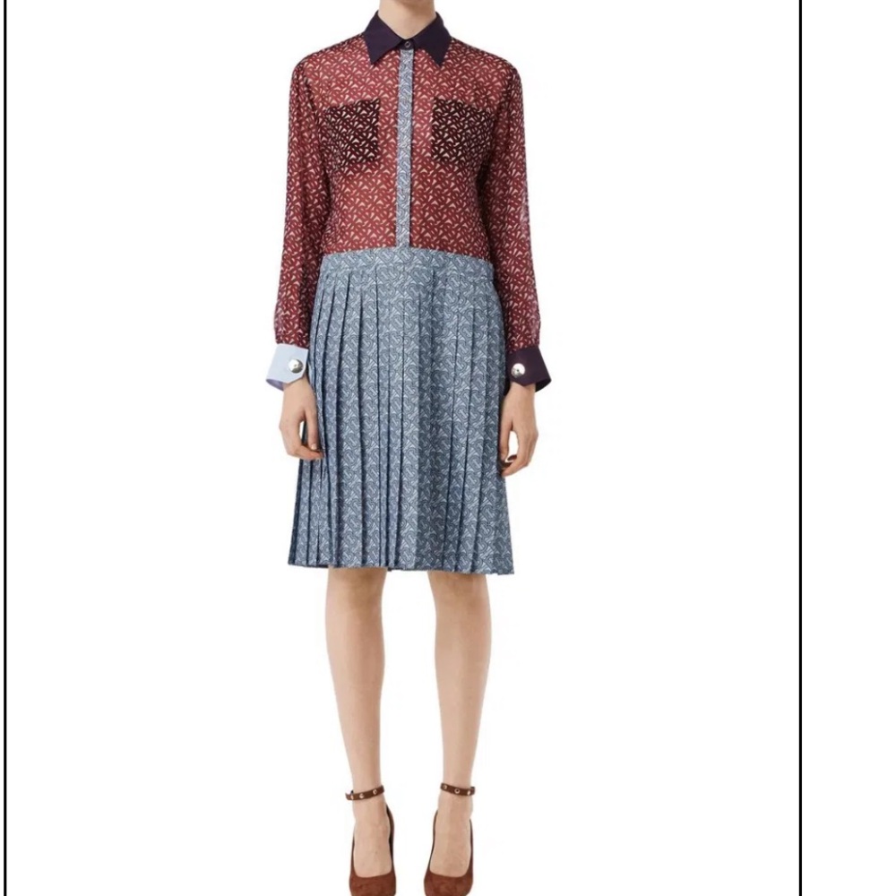 Burberry Monogram Logo Silk Pleated Chiffon Shirt Dress US 6 IT 40 - Please Read